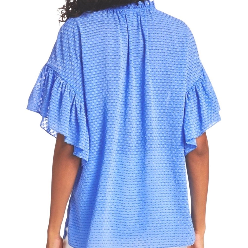 ALICE + OLIVIA Julius Ruffle Peasant Blouse Blue Top Solid Swiss
Dot‎ Ties - Picture 6 of 16